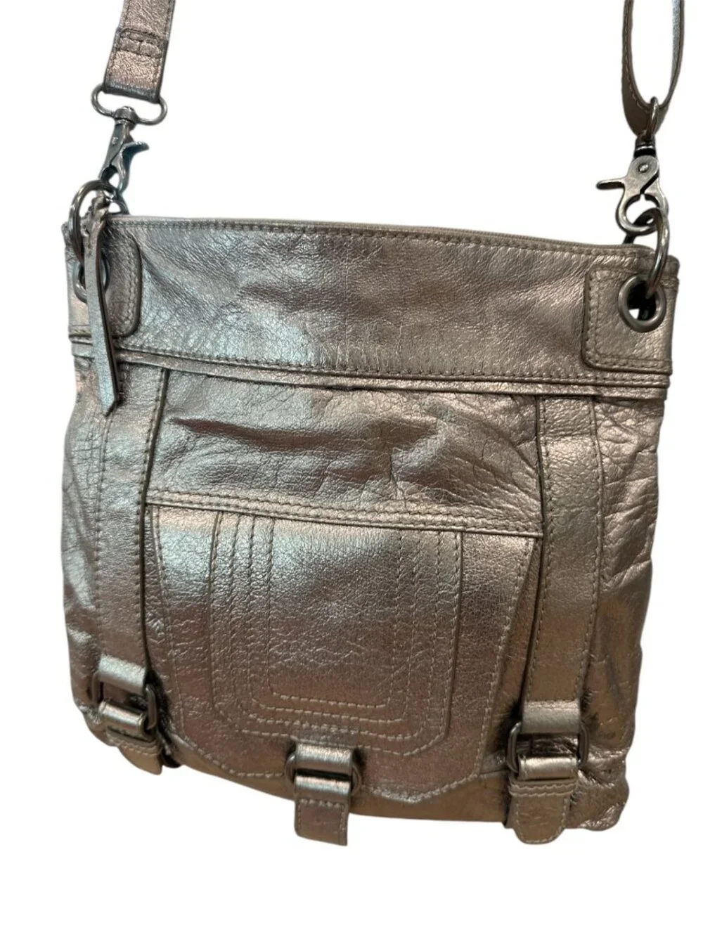 The Sak Leather Crossbody Clutch | Metallic Pewter | Versatile 2-Way